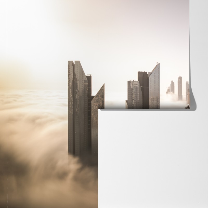 Fototapeta mglista panorama Dubaju nad chmurami – Wallissimo® Fototapeta mglista panorama Dubaju nad chmurami – Wallissimo®