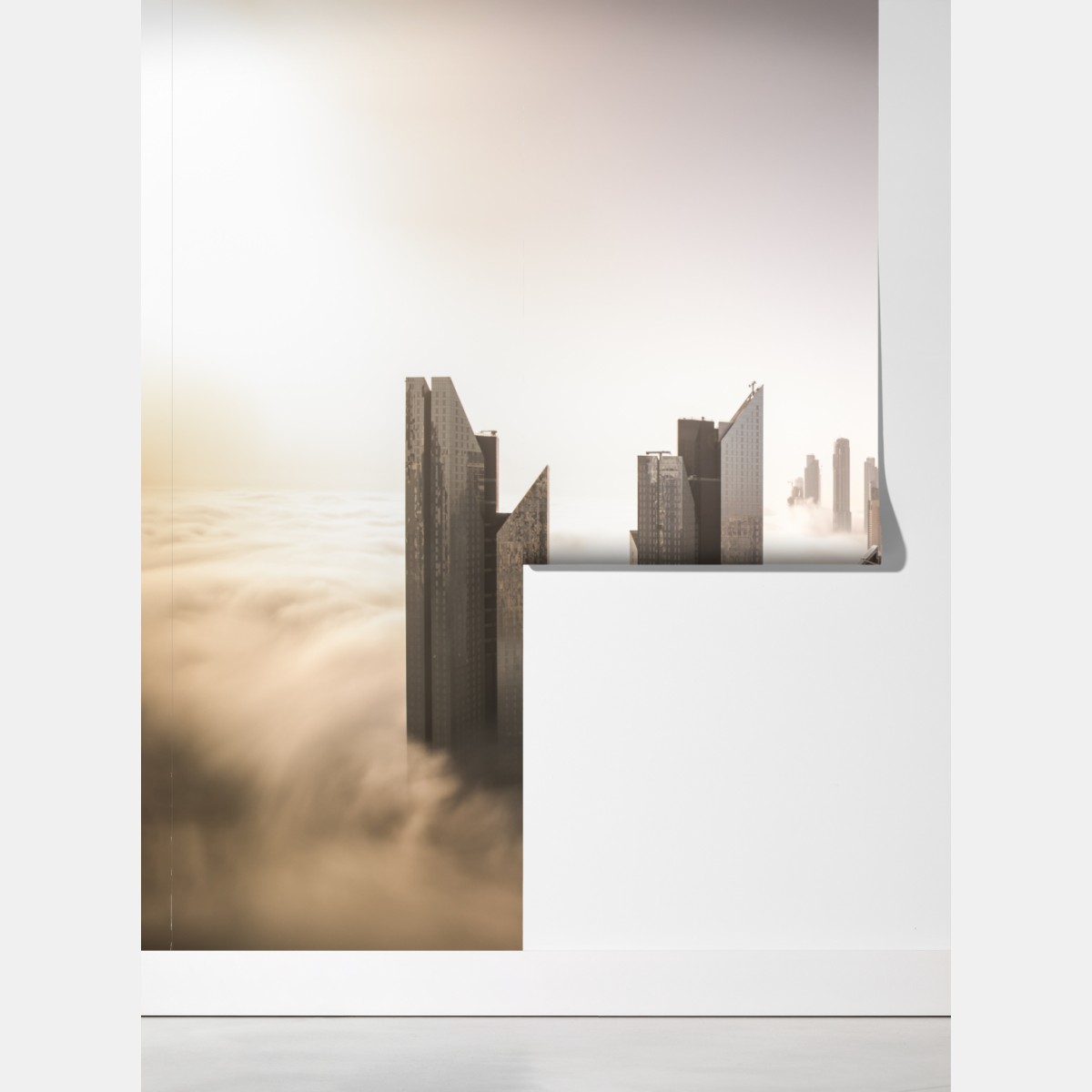 Fototapeta mglista panorama Dubaju nad chmurami – Wallissimo® Fototapeta mglista panorama Dubaju nad chmurami – Wallissimo®