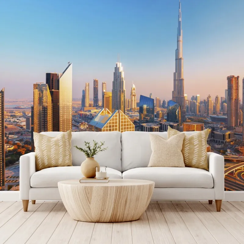 Fototapeta panorama Dubaju z Burj Khalifa o zachodzie słońca – Wallissimo® Fototapeta panorama Dubaju z Burj Khalifa o zachodzie słońca – Wallissimo®