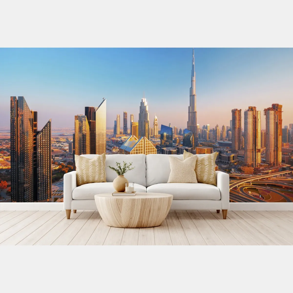 Fototapeta panorama Dubaju z Burj Khalifa o zachodzie słońca – Wallissimo® Fototapeta panorama Dubaju z Burj Khalifa o zachodzie słońca – Wallissimo®