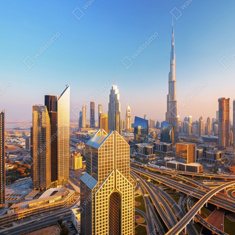 Fototapeta panorama Dubaju z Burj Khalifa o zachodzie słońca – Wallissimo® Fototapeta panorama Dubaju z Burj Khalifa o zachodzie słońca – Wallissimo®