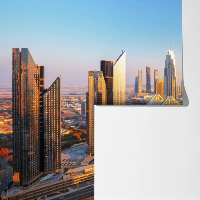 Fototapeta panorama Dubaju z Burj Khalifa o zachodzie słońca – Wallissimo® Fototapeta panorama Dubaju z Burj Khalifa o zachodzie słońca – Wallissimo®