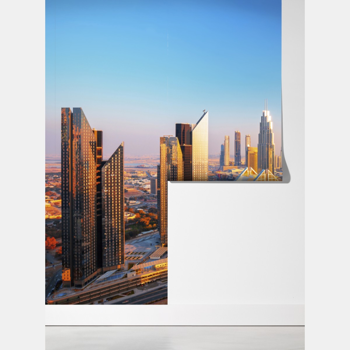 Fototapeta panorama Dubaju z Burj Khalifa o zachodzie słońca – Wallissimo® Fototapeta panorama Dubaju z Burj Khalifa o zachodzie słońca – Wallissimo®