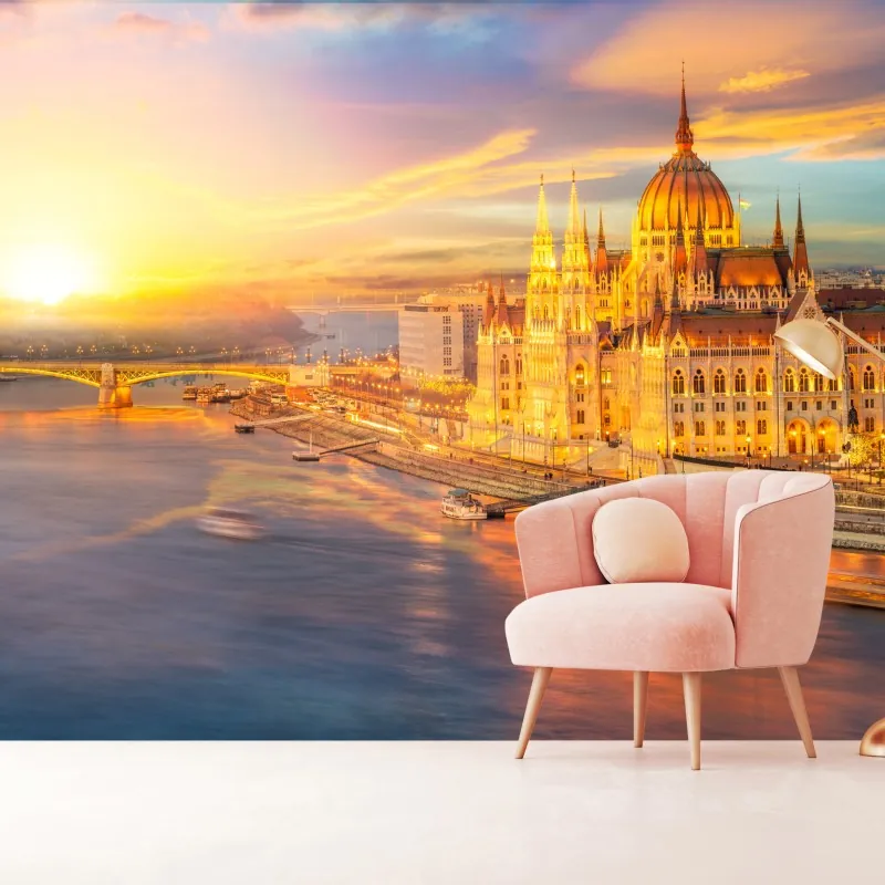 Fototapeta złoty zachód słońca nad parlamentem w Budapeszcie – Wallissimo® Fototapeta złoty zachód słońca nad parlamentem w Budapeszcie – Wallissimo®