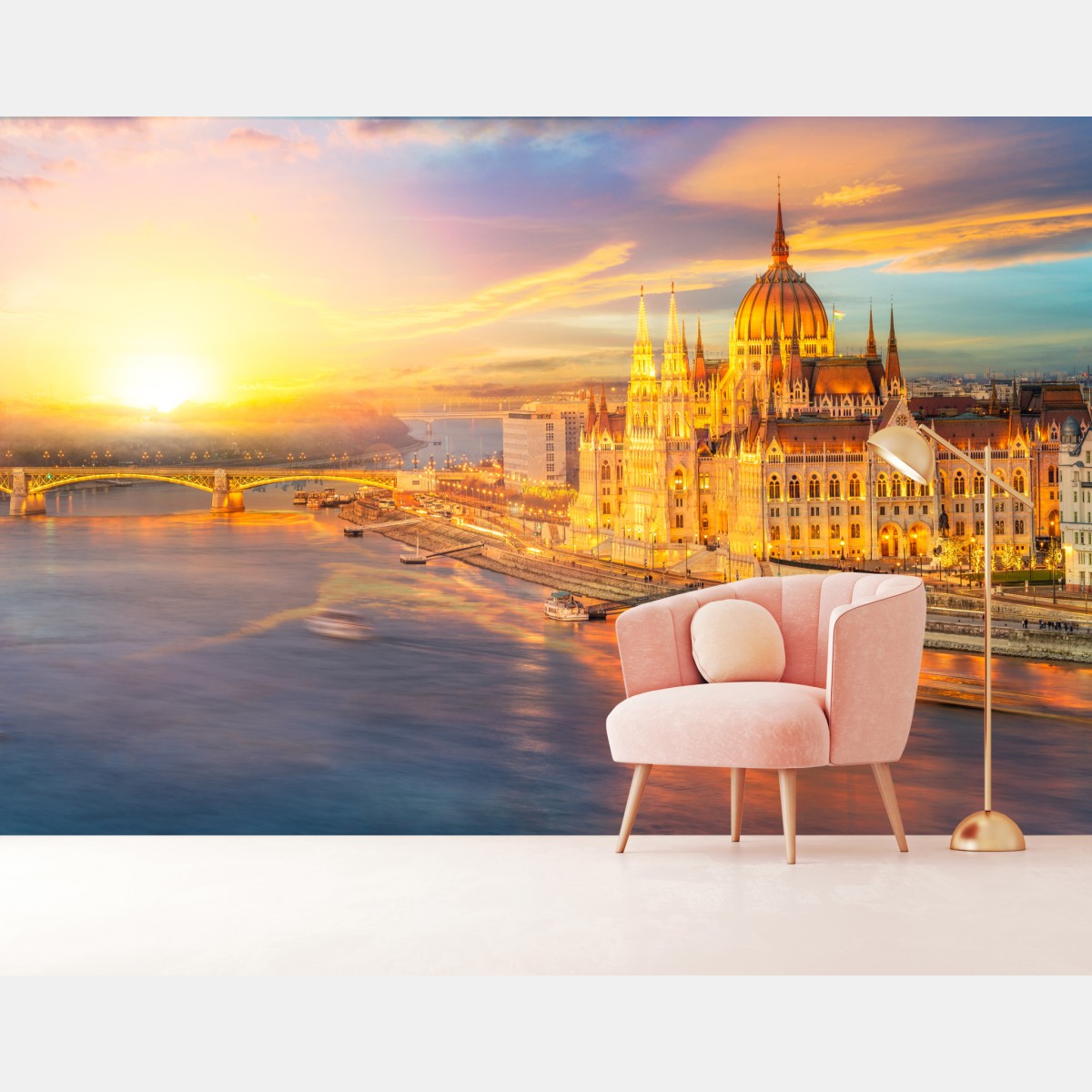 Wall mural golden sunset over Budapest parliament