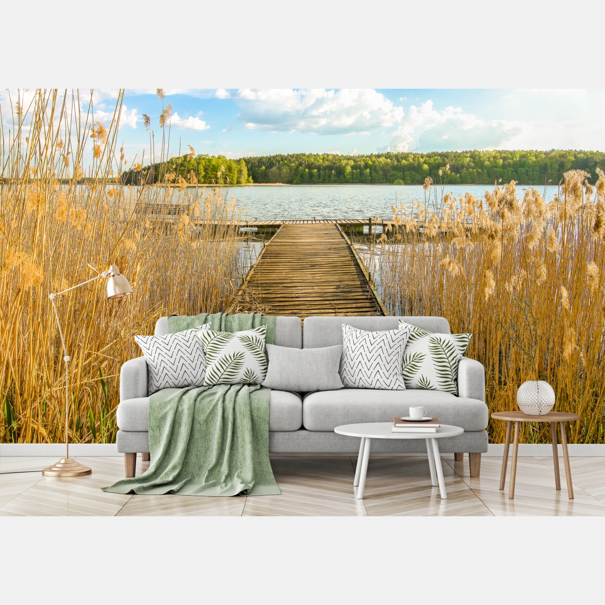 Wall mural wooden pier leading to a tranquil lake