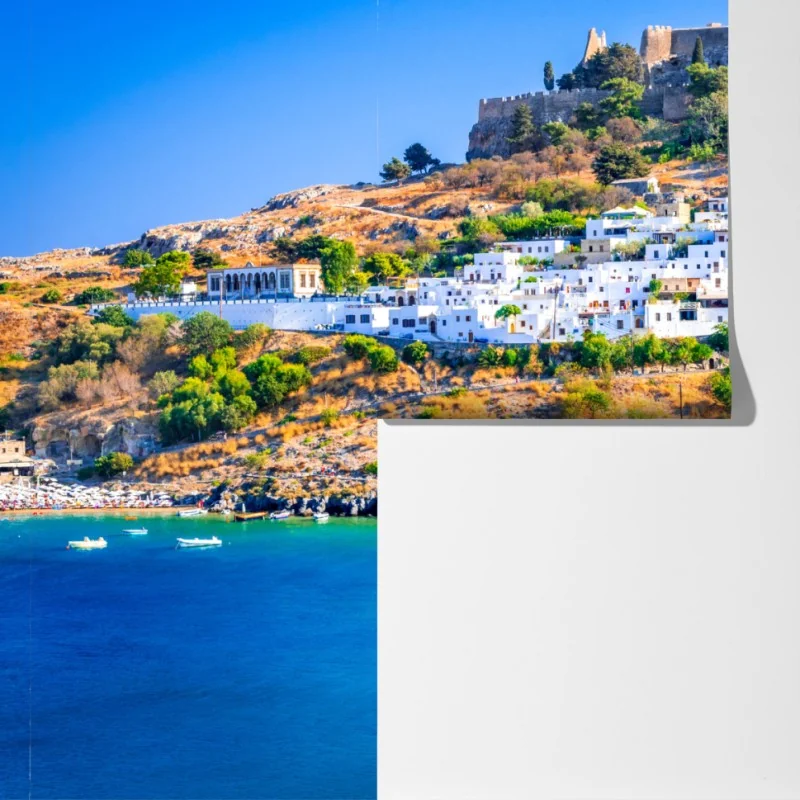 Fototapeta Lindos: akropol nad białą wioską, Rodos – Wallissimo® Fototapeta Lindos: akropol nad białą wioską, Rodos – Wallissimo®