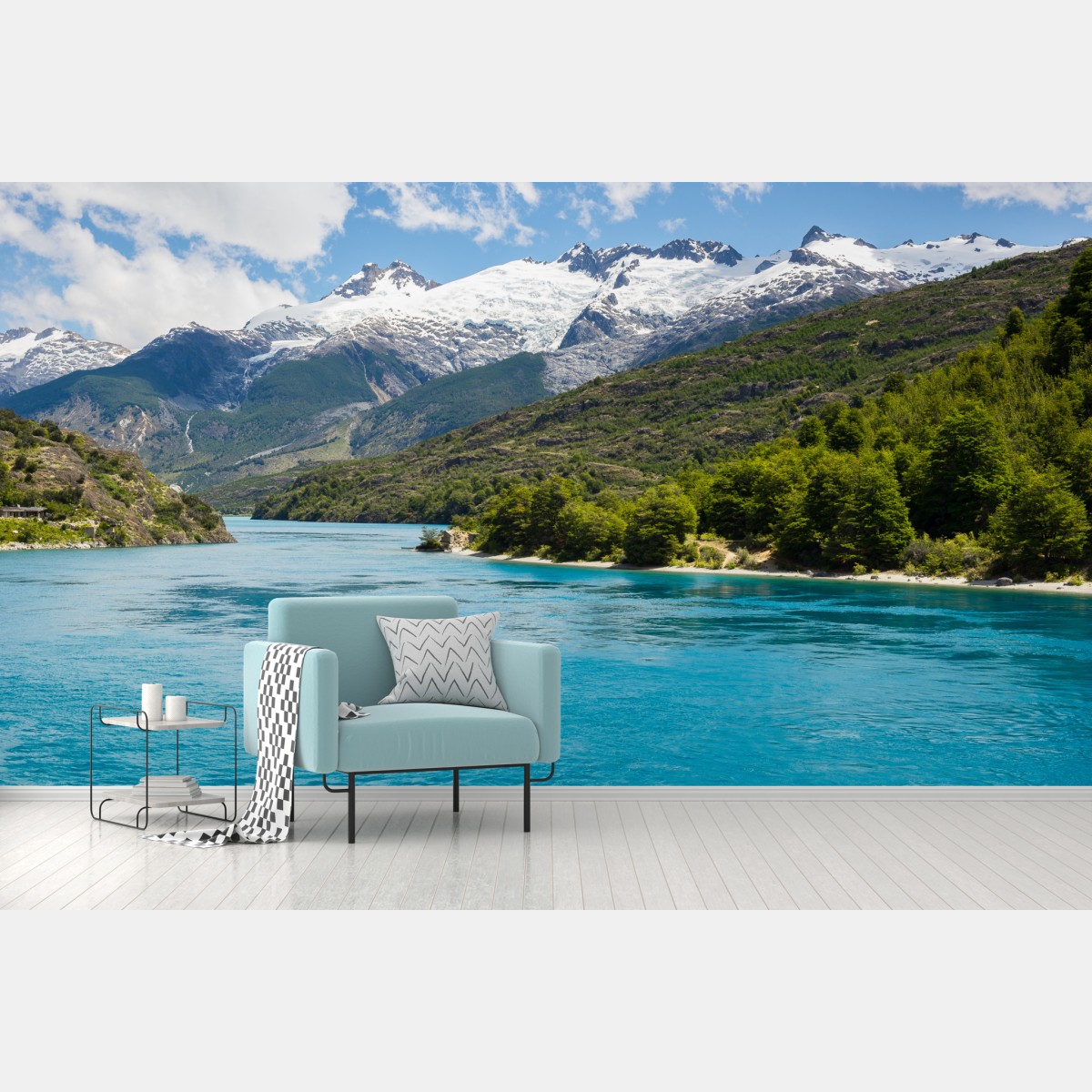 Wall mural turquoise alpine lake with snow-capped mountains
