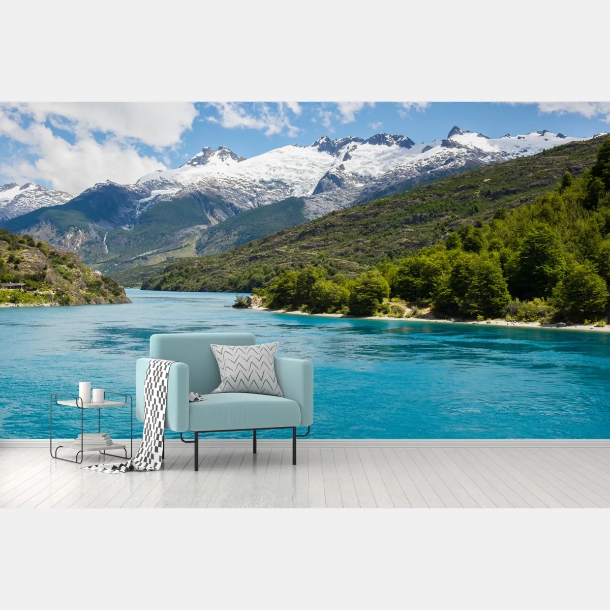 Fototapeta turkusowe jezioro górskie z ośnieżonymi szczytami – Wallissimo® Fototapeta turkusowe jezioro górskie z ośnieżonymi szczytami – Wallissimo®