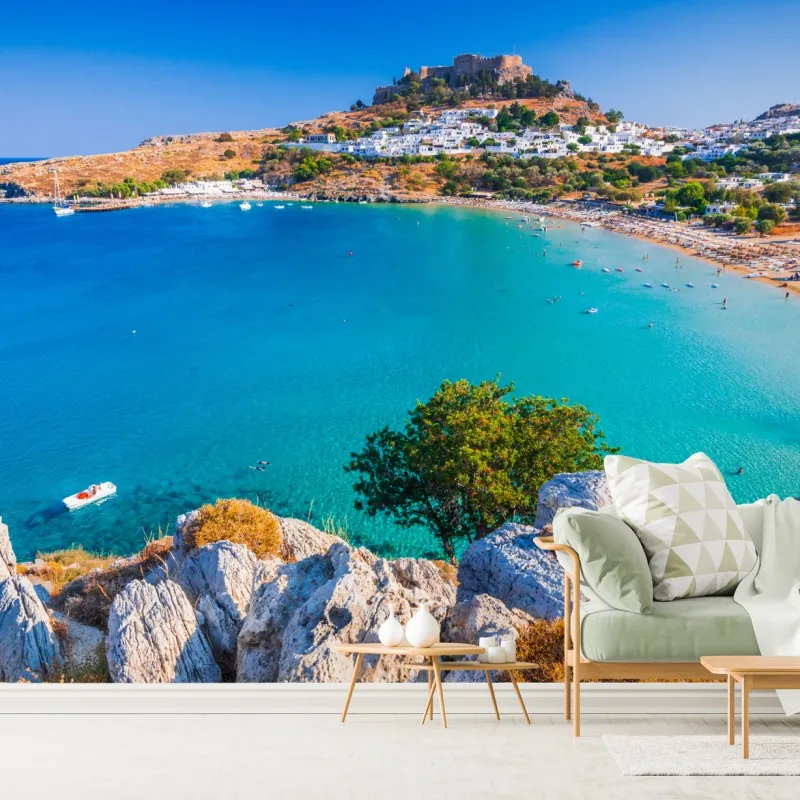 Fototapeta turkusowa zatoka w Lindos, Rodos