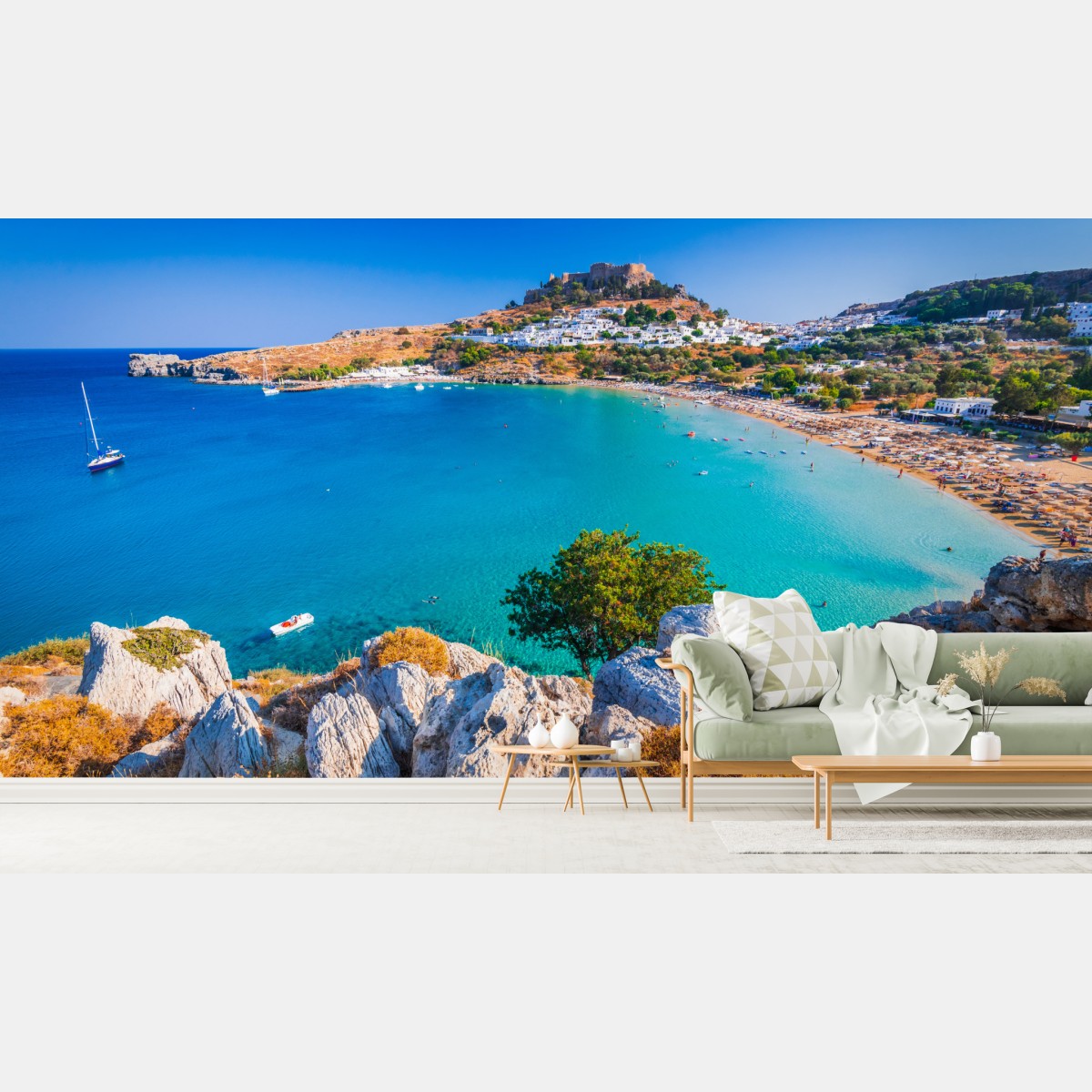 Wall mural turquoise bay in Lindos, Rhodes