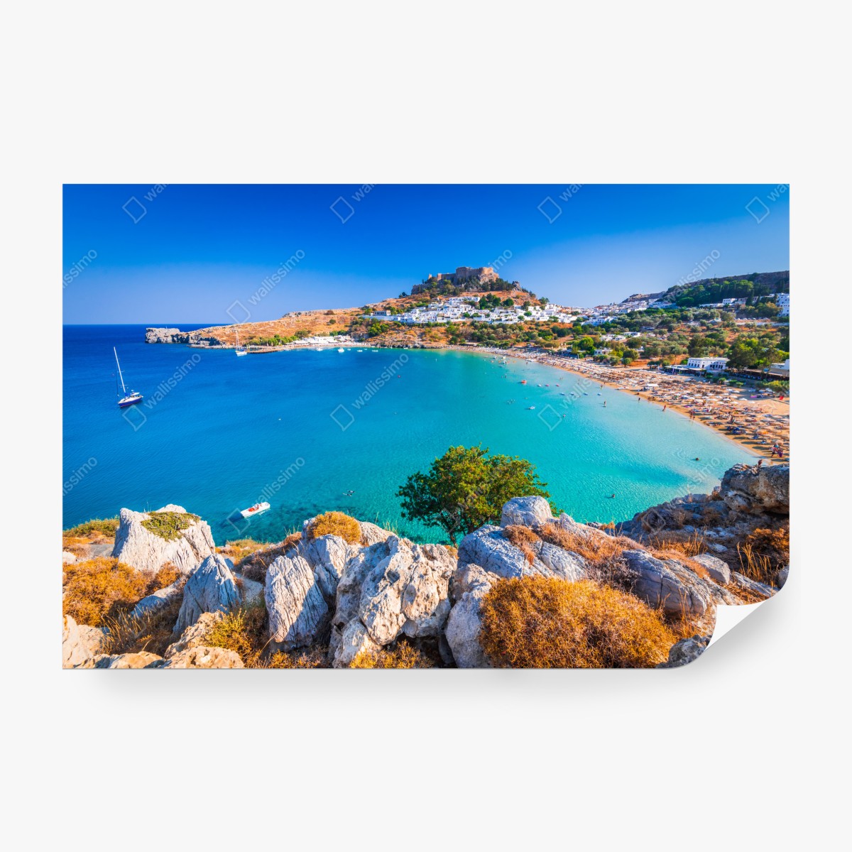 Fototapeta turkusowa zatoka w Lindos, Rodos – Wallissimo® Fototapeta turkusowa zatoka w Lindos, Rodos – Wallissimo®