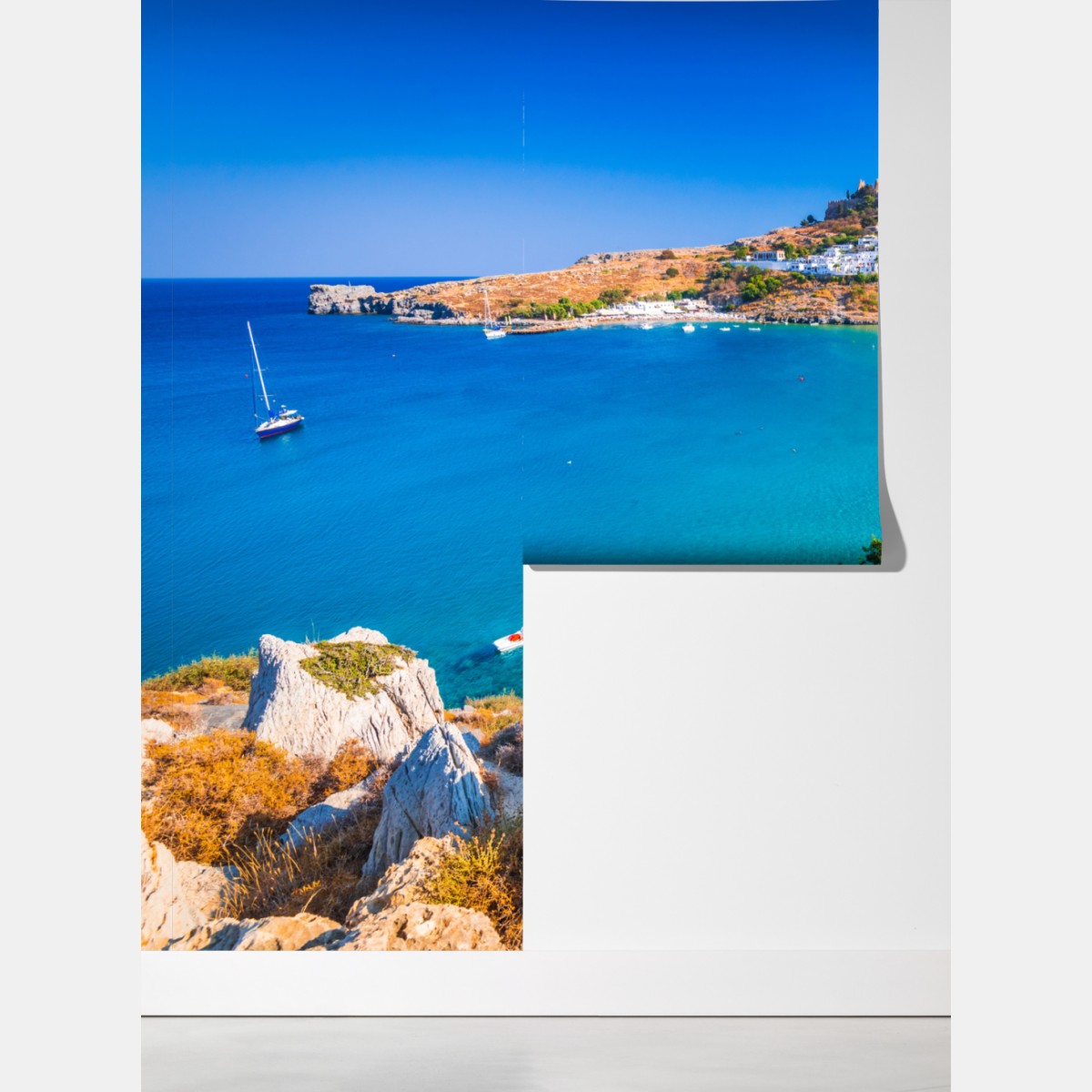 Fototapeta turkusowa zatoka w Lindos, Rodos – Wallissimo® Fototapeta turkusowa zatoka w Lindos, Rodos – Wallissimo®