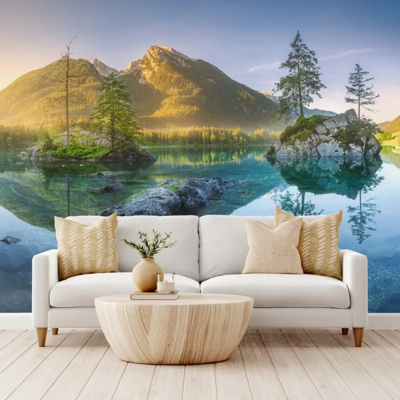 Fototapeta alpejskie jezioro o wschodzie słońca z lustrzanym odbiciem – Wallissimo® Fototapeta alpejskie jezioro o wschodzie słońca z lustrzanym odbiciem – Wallissimo®