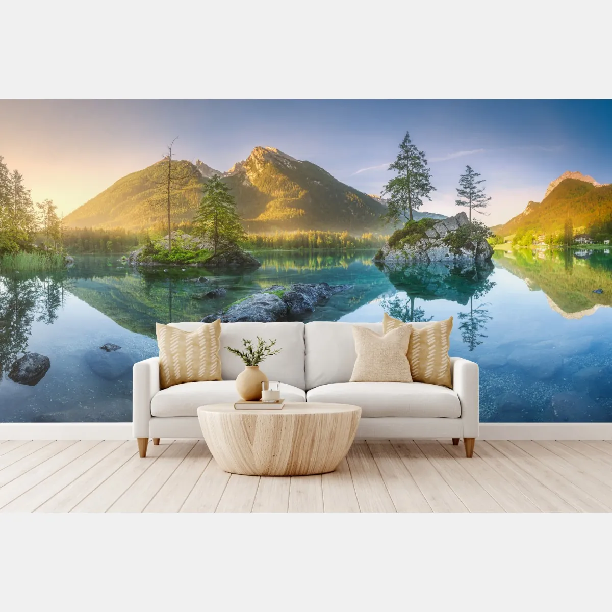 Fototapeta alpejskie jezioro o wschodzie słońca z lustrzanym odbiciem – Wallissimo® Fototapeta alpejskie jezioro o wschodzie słońca z lustrzanym odbiciem – Wallissimo®