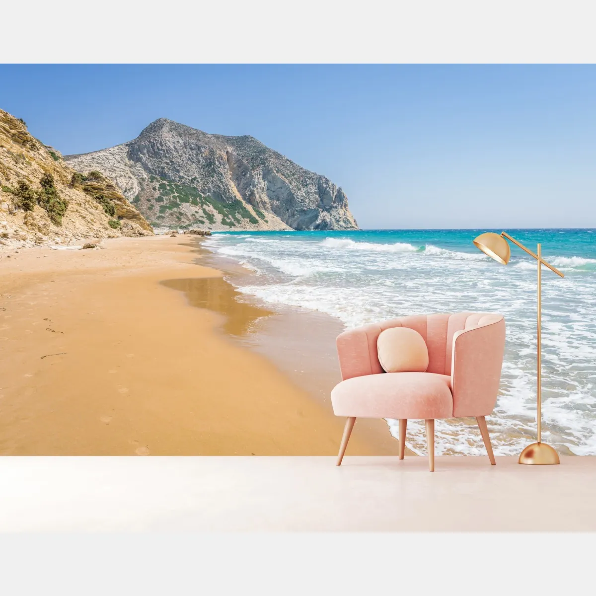 Fototapeta słoneczna turkusowa plaża z klifami – Wallissimo® Fototapeta słoneczna turkusowa plaża z klifami – Wallissimo®