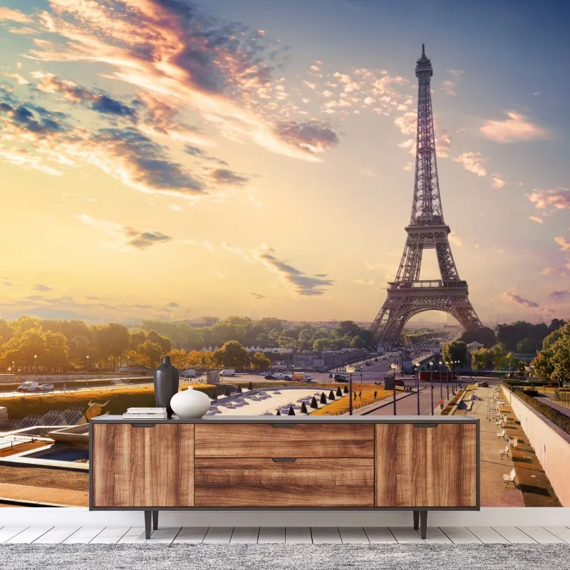 Fototapeta słoneczny widok na Wieżę Eiffla o świcie