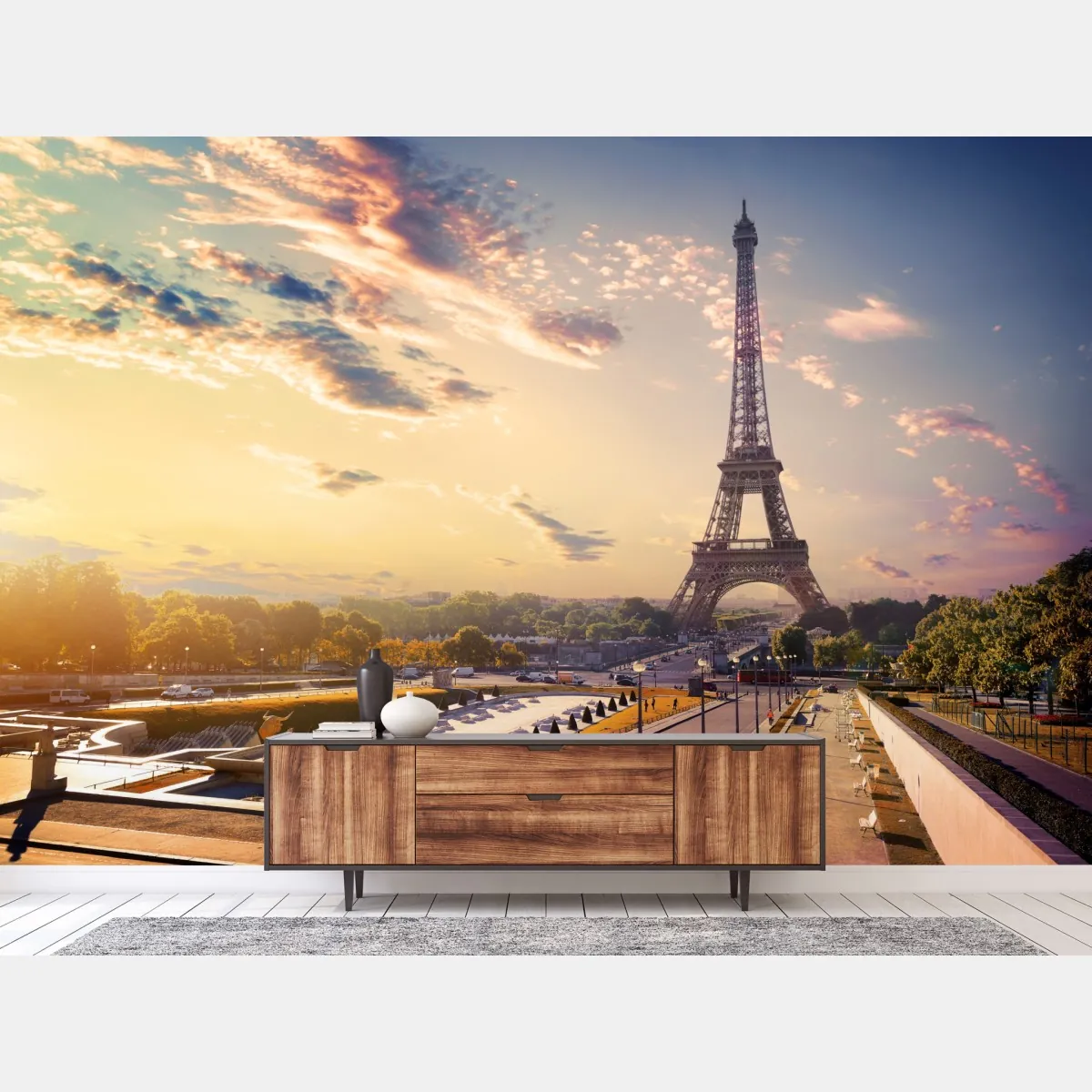 Fototapeta słoneczny widok na Wieżę Eiffla o świcie – Wallissimo® Fototapeta słoneczny widok na Wieżę Eiffla o świcie – Wallissimo®