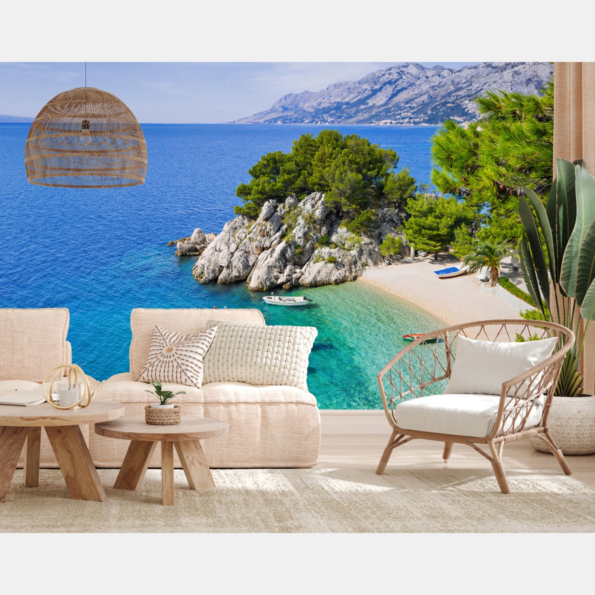 Wall mural tranquil turquoise cove with boats