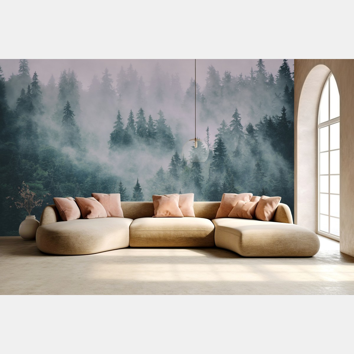 Wall mural misty evergreen forest panorama