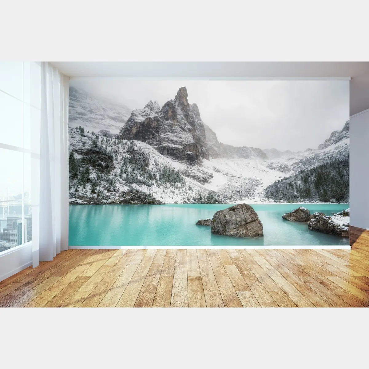 Fototapeta turkusowe jezioro alpejskie pod ośnieżonymi szczytami – Wallissimo® Fototapeta turkusowe jezioro alpejskie pod ośnieżonymi szczytami – Wallissimo®