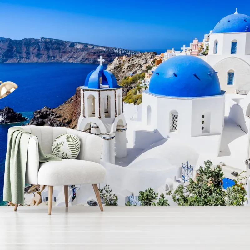 Fototapeta Santorini niebieskie kopuły nad kalderą