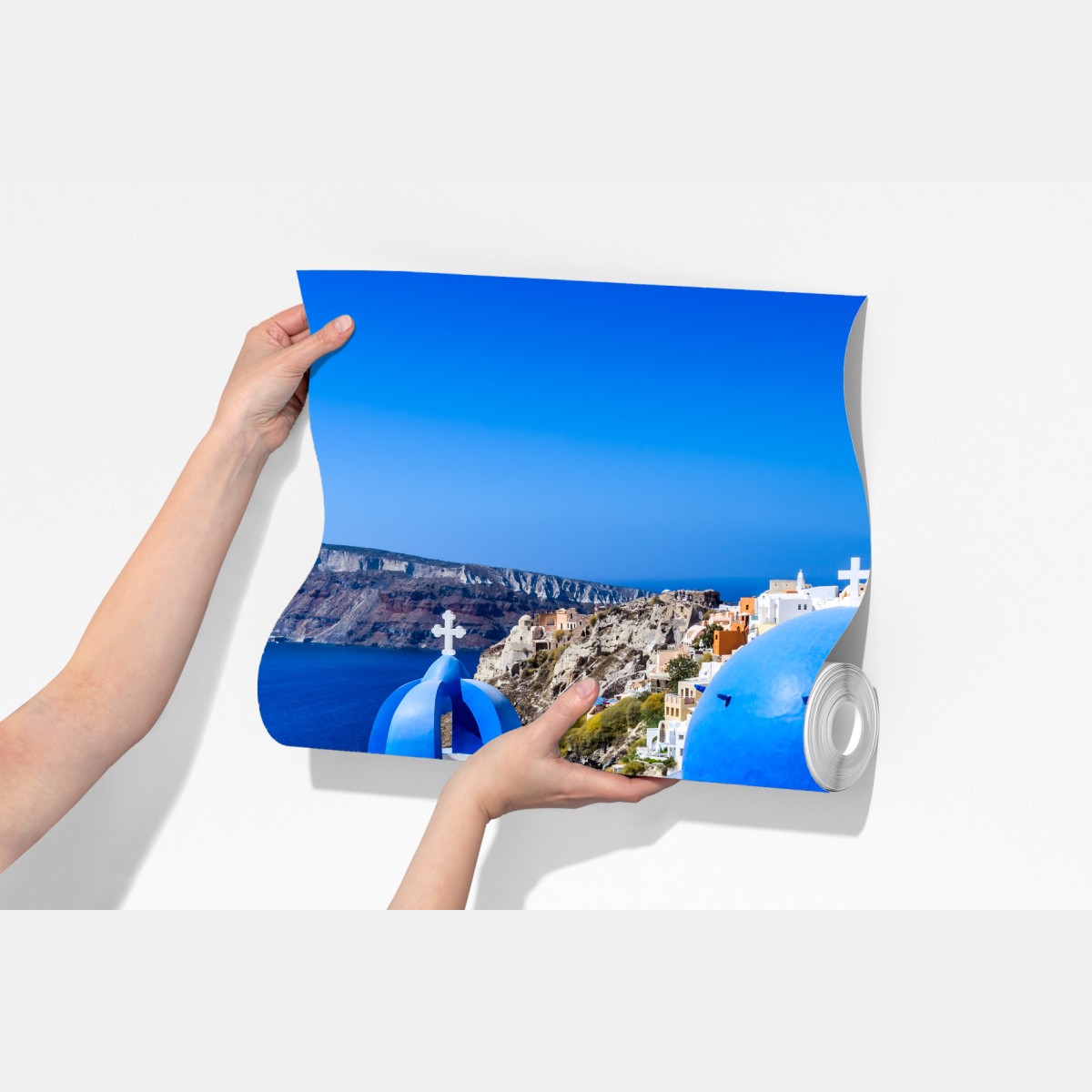 Fototapeta Santorini niebieskie kopuły nad kalderą – Wallissimo® Fototapeta Santorini niebieskie kopuły nad kalderą – Wallissimo®
