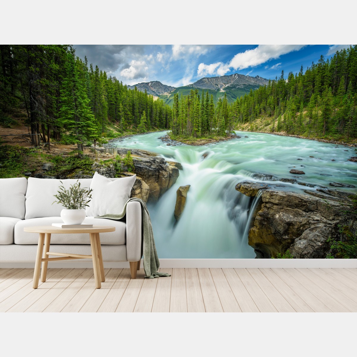 Wall mural misty river gorge at Upper Sunwapta Falls, Jasper National Park