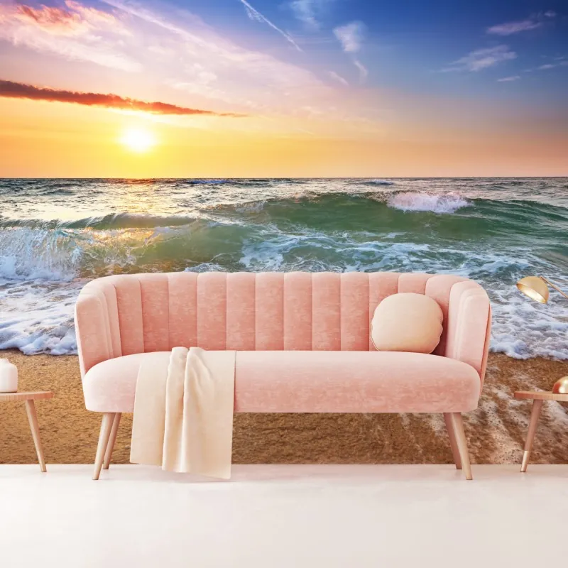 Fototapeta złoty zachód słońca na plaży nad falami – Wallissimo® Fototapeta złoty zachód słońca na plaży nad falami – Wallissimo®