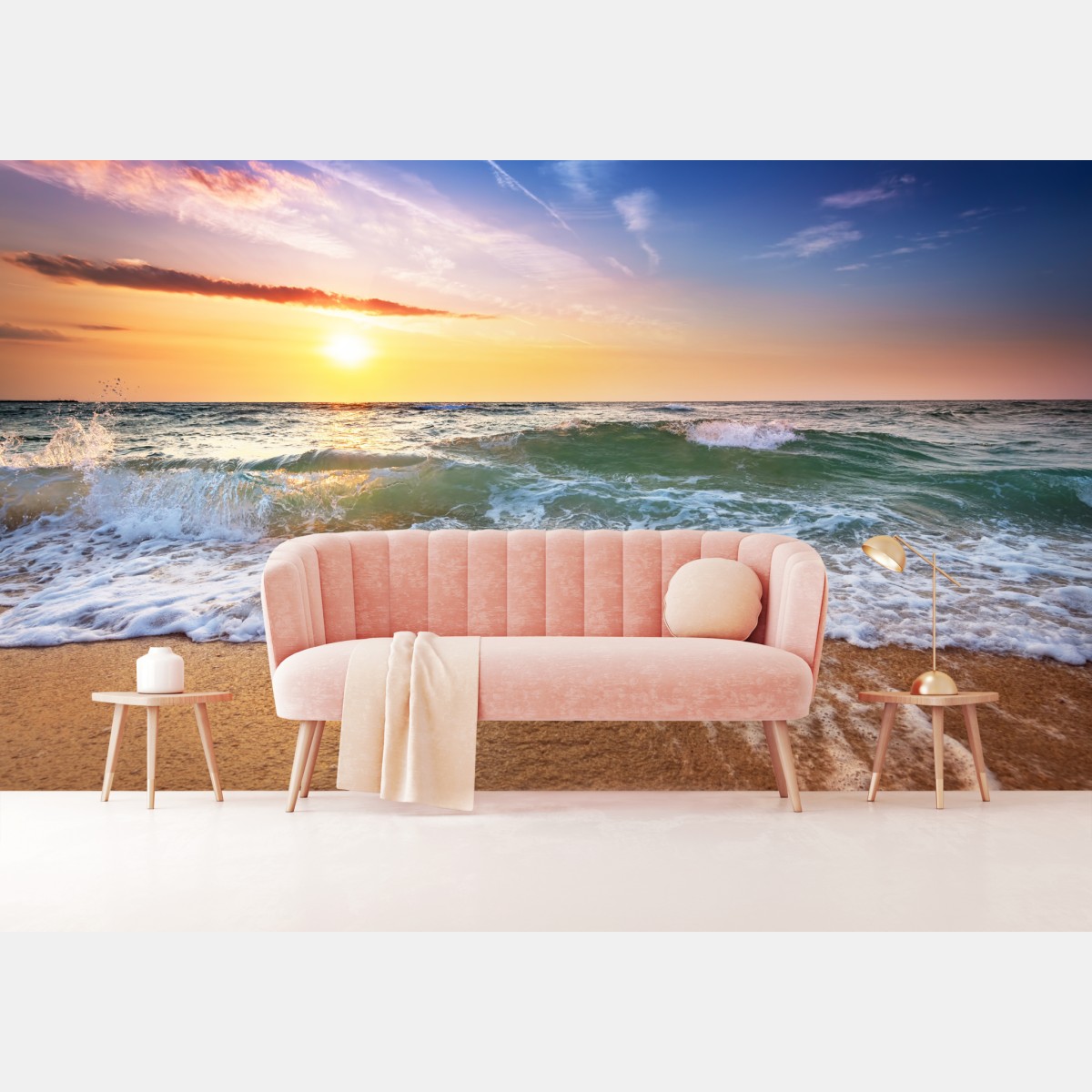 Wall mural golden beach sunset over gentle waves