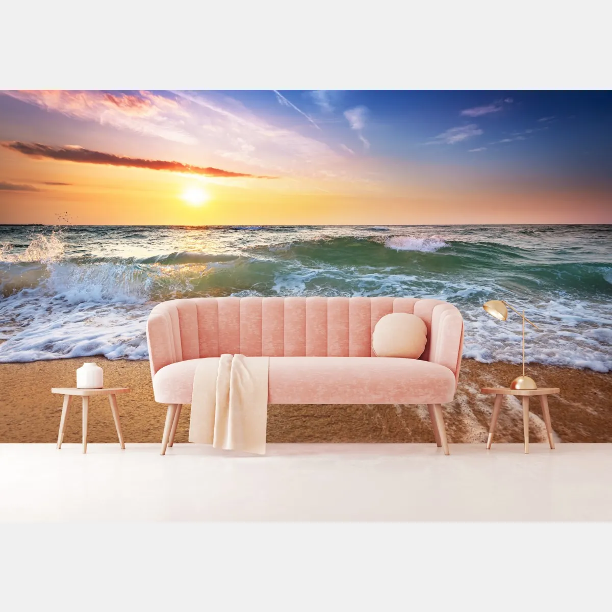 Fototapeta złoty zachód słońca na plaży nad falami – Wallissimo® Fototapeta złoty zachód słońca na plaży nad falami – Wallissimo®