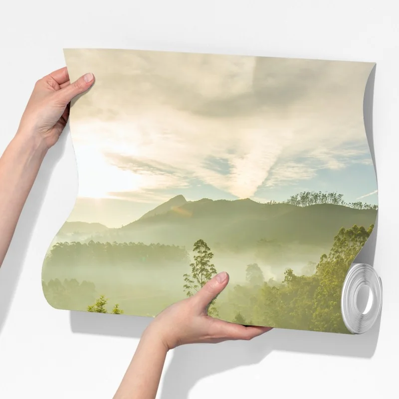 Fototapeta wschód słońca nad plantacjami herbaty w Munnar – Wallissimo® Fototapeta wschód słońca nad plantacjami herbaty w Munnar – Wallissimo®