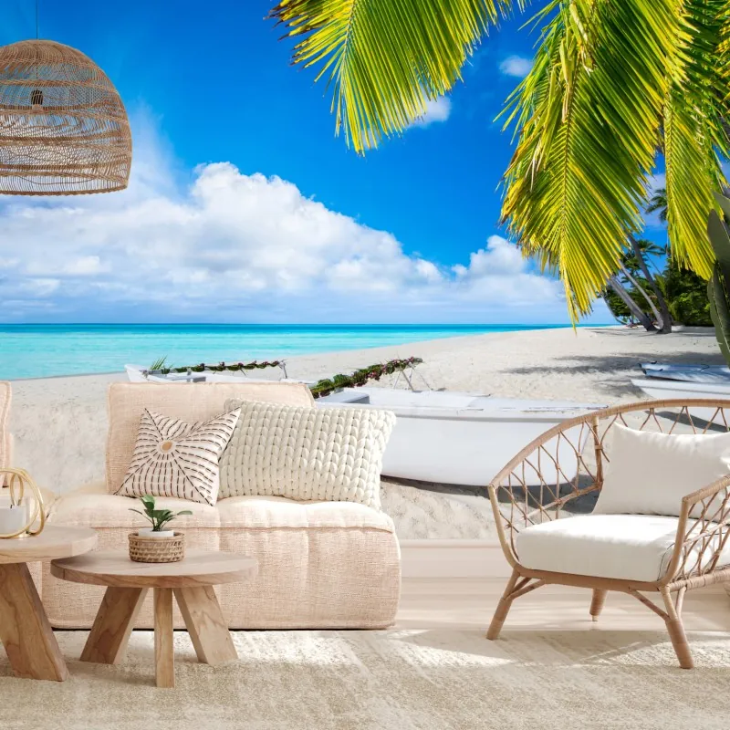 Fototapeta tropikalna plaża w turkusowych kolorach z palmami i łodziami – Wallissimo® Fototapeta tropikalna plaża w turkusowych kolorach z palmami i łodziami – Wallissimo®