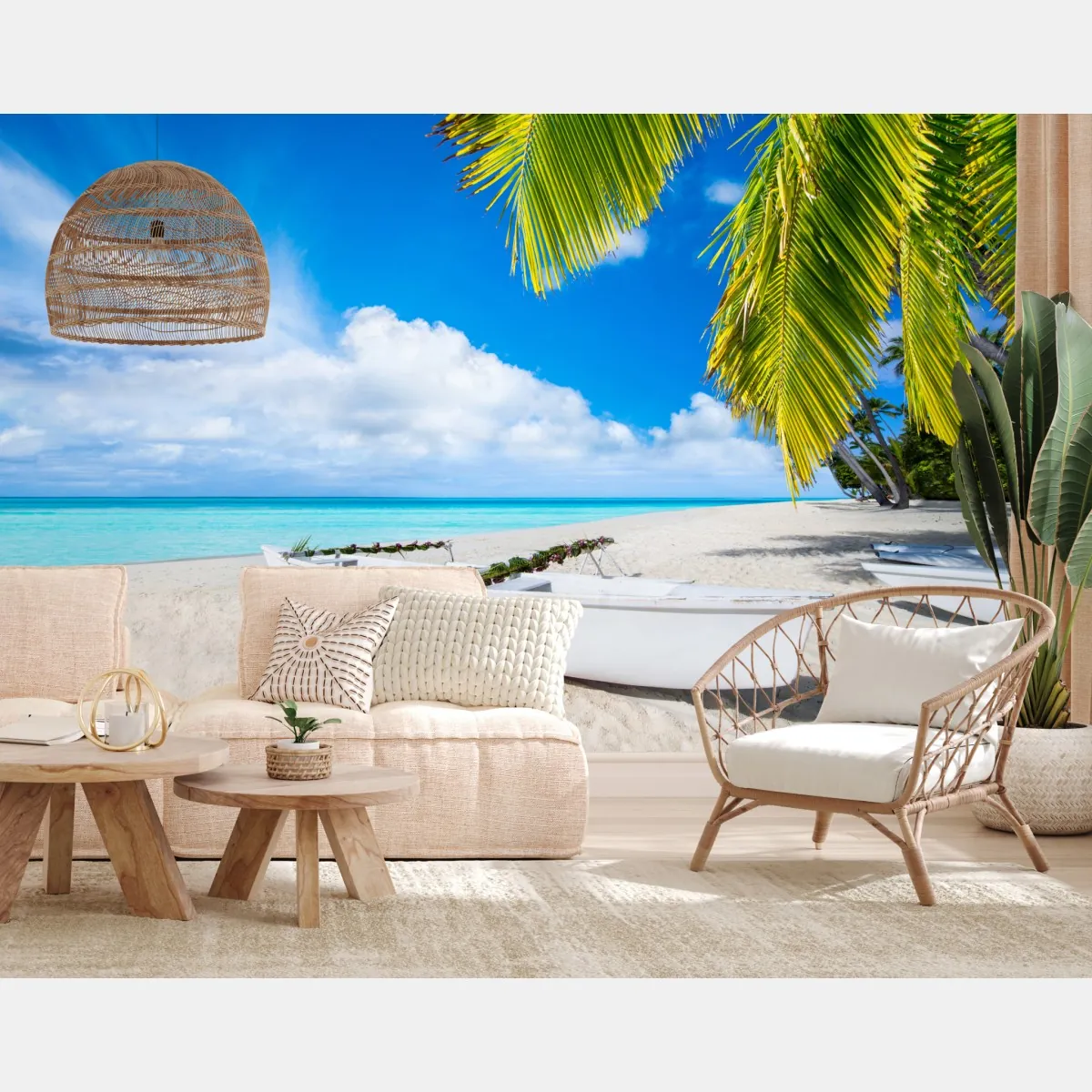 Fototapeta tropikalna plaża w turkusowych kolorach z palmami i łodziami – Wallissimo® Fototapeta tropikalna plaża w turkusowych kolorach z palmami i łodziami – Wallissimo®