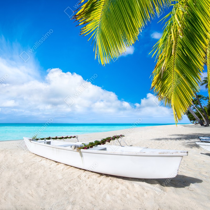 Fototapeta tropikalna plaża w turkusowych kolorach z palmami i łodziami – Wallissimo® Fototapeta tropikalna plaża w turkusowych kolorach z palmami i łodziami – Wallissimo®