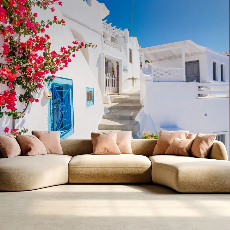 Fototapeta Santorini biała uliczka z bugenwillą
