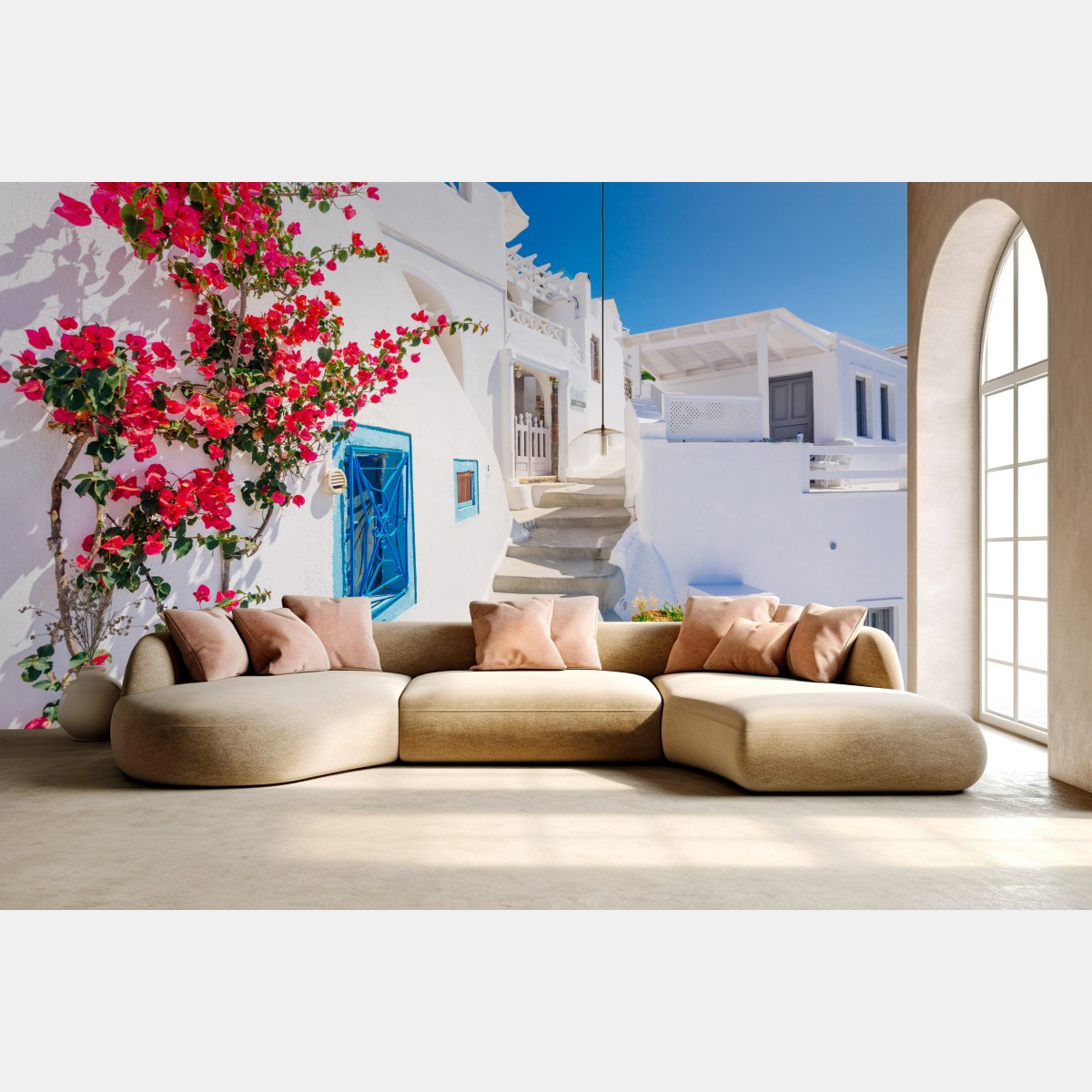 Wall mural Santorini whitewashed street with bougainvillea
