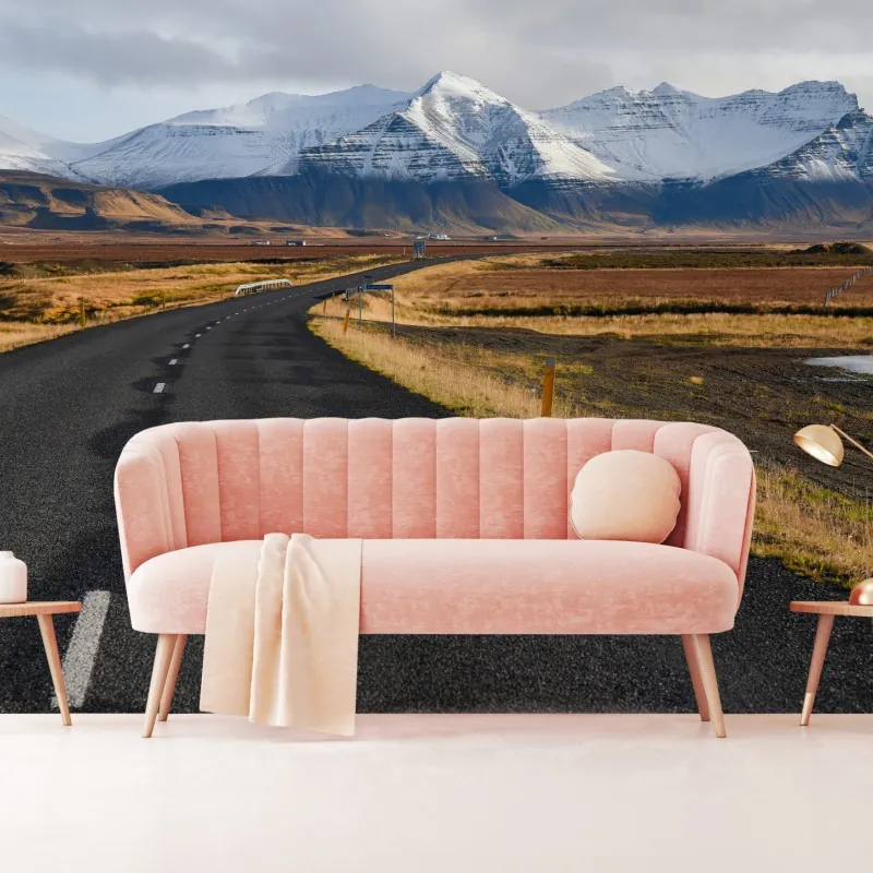 Fototapeta pusta droga prowadząca do ośnieżonych gór, Islandia