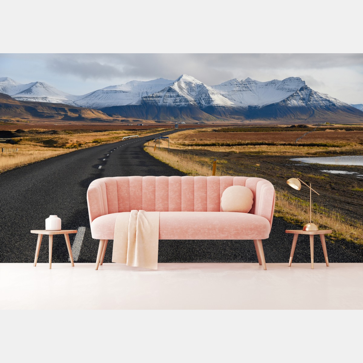 Wall mural empty road to snow-capped mountains in Iceland