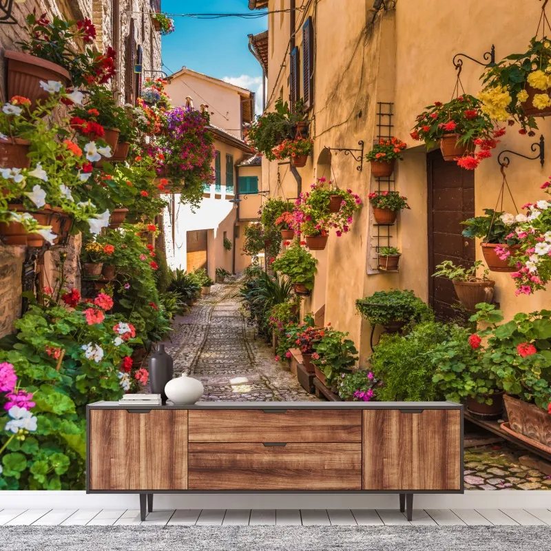 Fototapeta słoneczna kwiatowa alejka w Umbrii