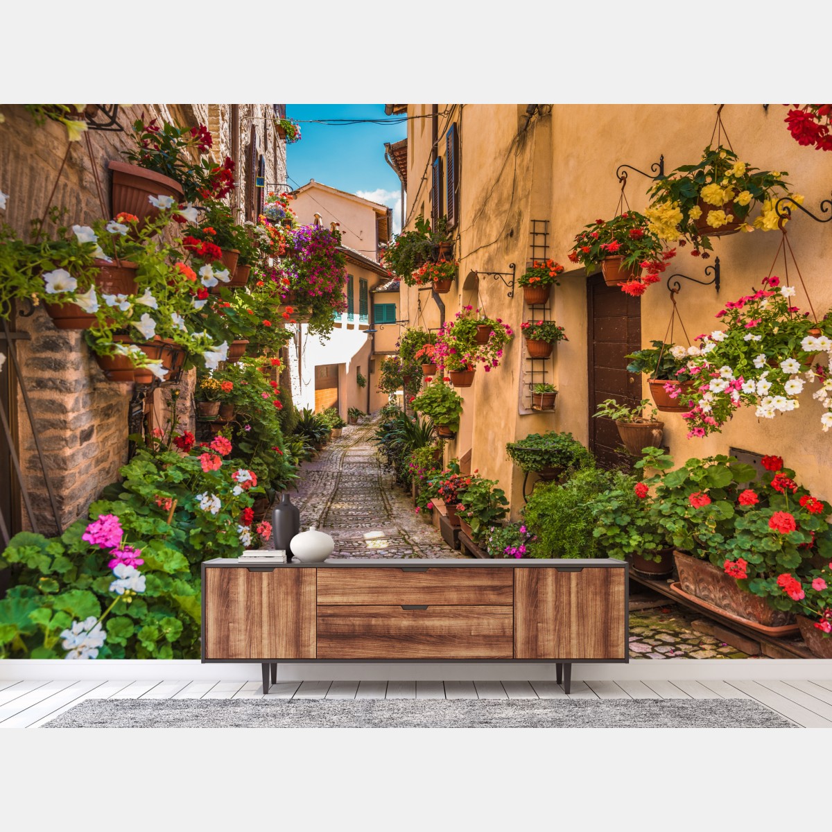 Wall mural sunlit floral alley in Umbria