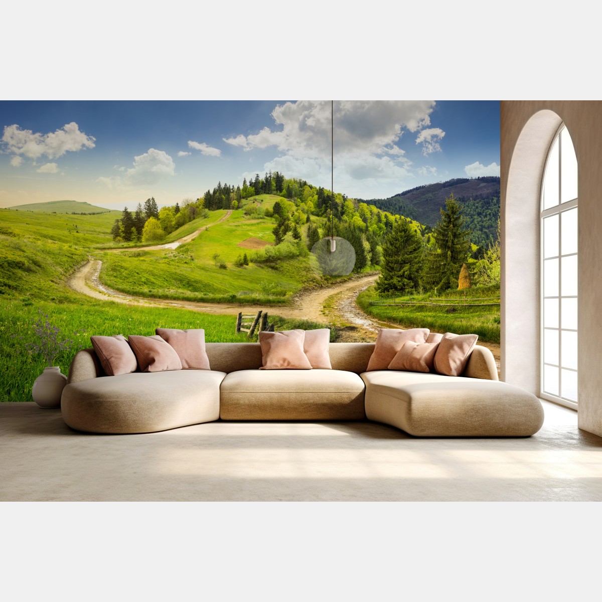 Wall mural winding country road through green hills