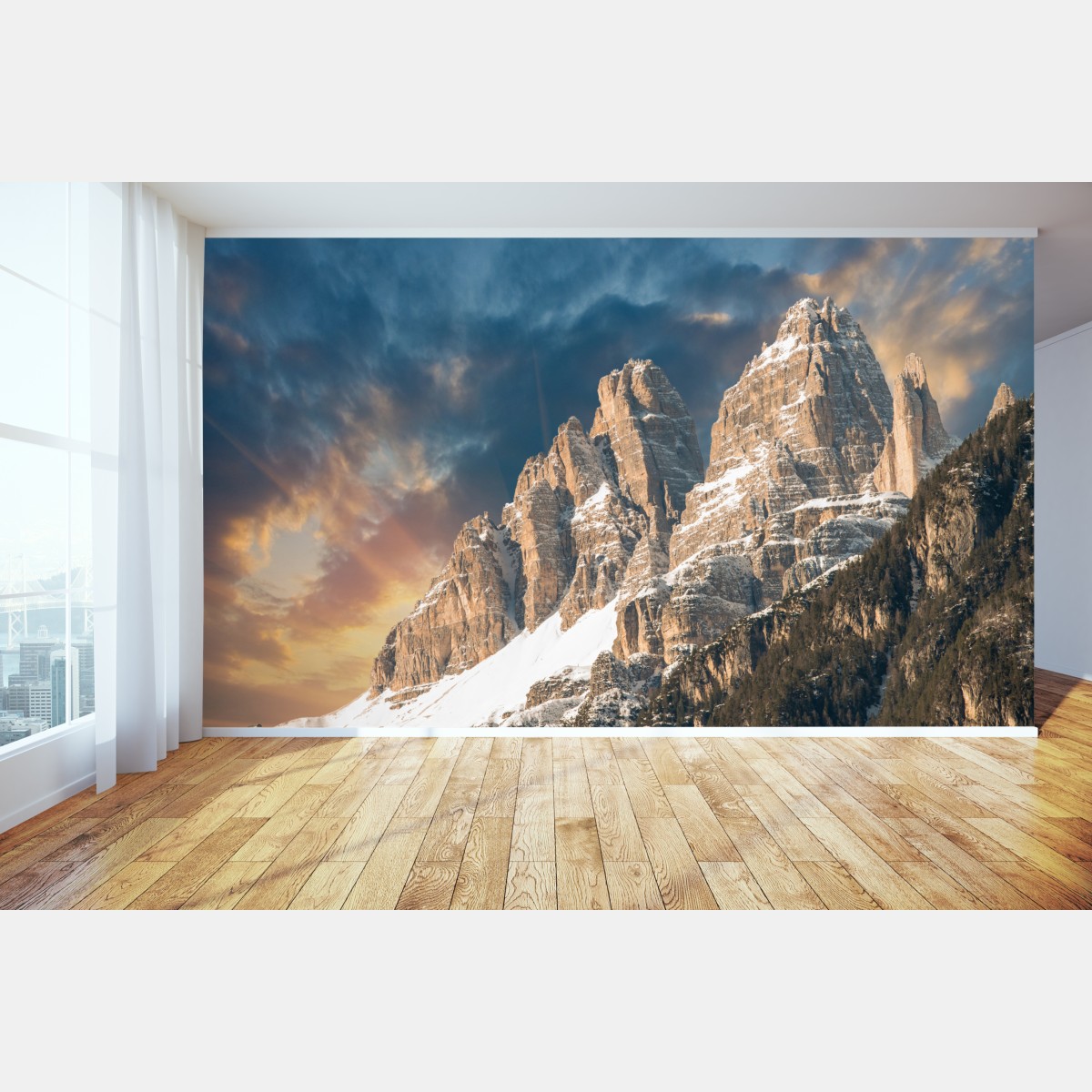 Wall mural dramatic sunset over the Dolomites peaks