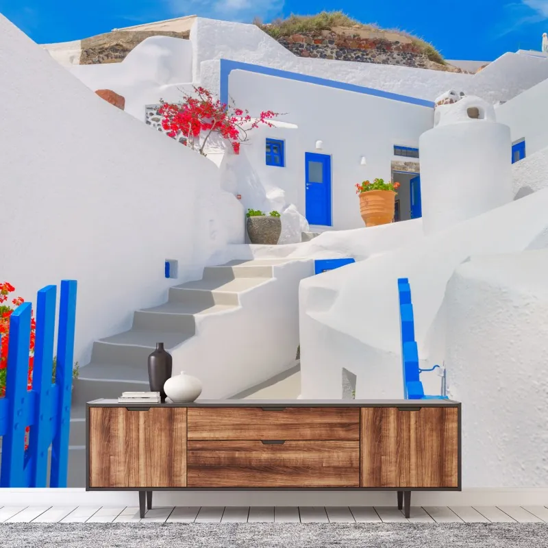Fototapeta Santorini białe domy z niebieskimi akcentami