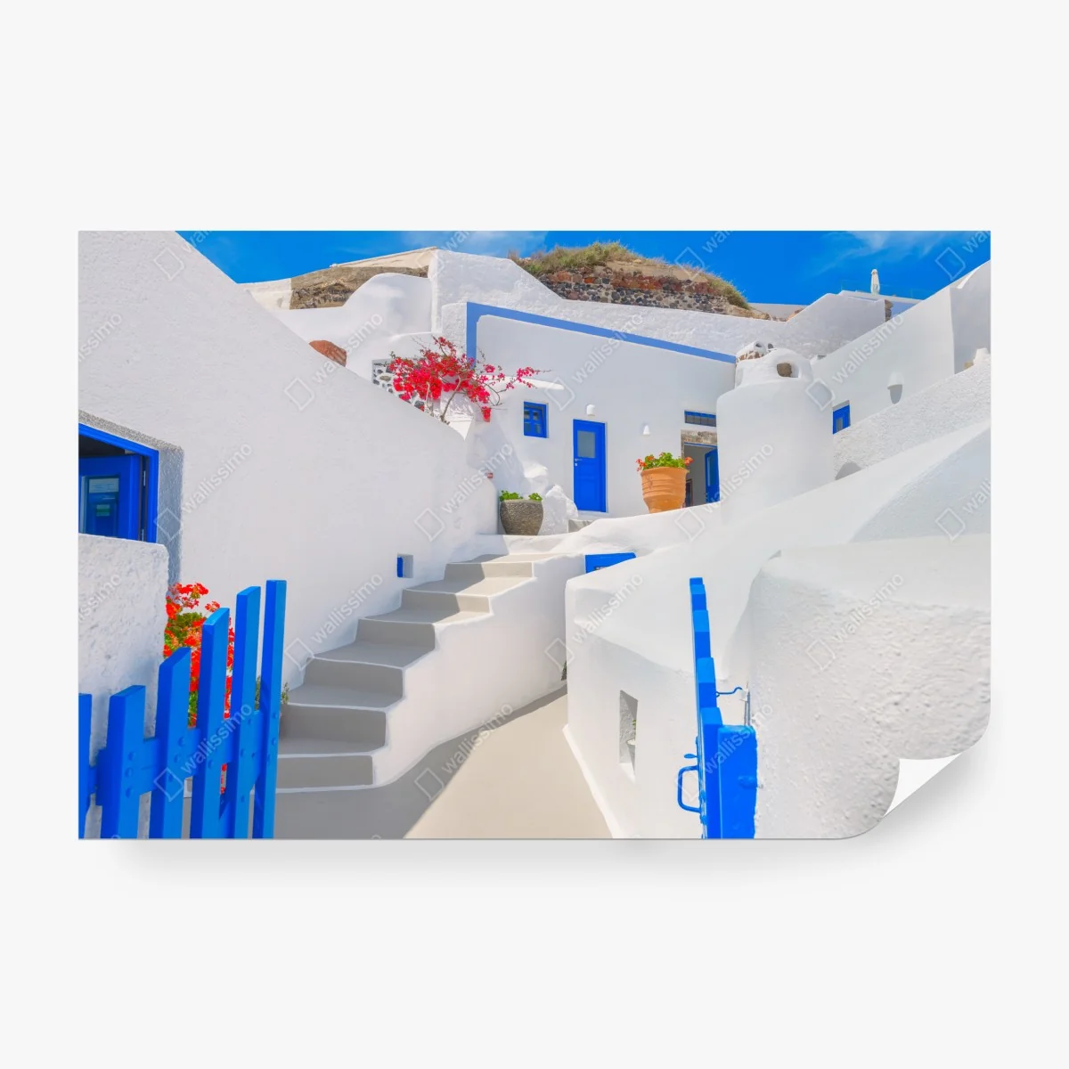 Fototapeta Santorini białe domy z niebieskimi akcentami – Wallissimo® Fototapeta Santorini białe domy z niebieskimi akcentami – Wallissimo®
