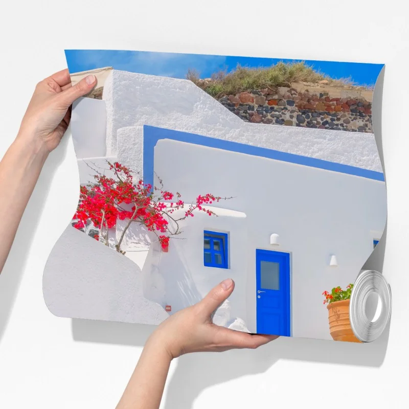 Fototapeta Santorini białe domy z niebieskimi akcentami – Wallissimo® Fototapeta Santorini białe domy z niebieskimi akcentami – Wallissimo®