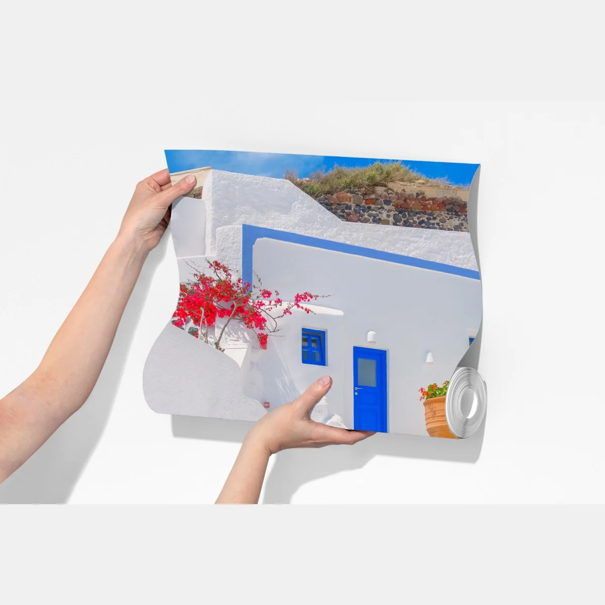 Fototapeta Santorini białe domy z niebieskimi akcentami – Wallissimo® Fototapeta Santorini białe domy z niebieskimi akcentami – Wallissimo®