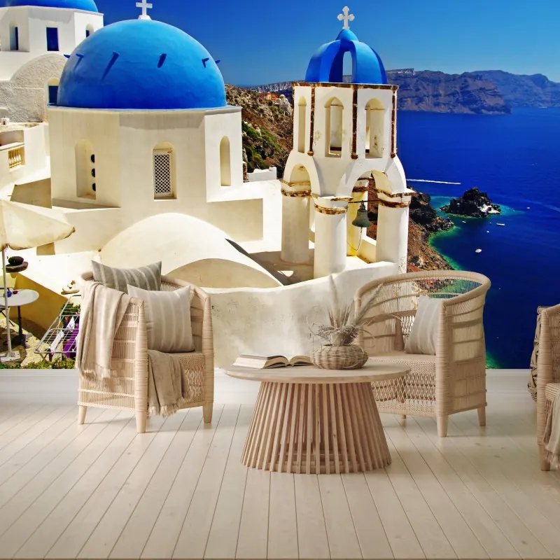 Fototapeta Santorini błękitne kopuły nad morzem – Wallissimo® Fototapeta Santorini błękitne kopuły nad morzem – Wallissimo®