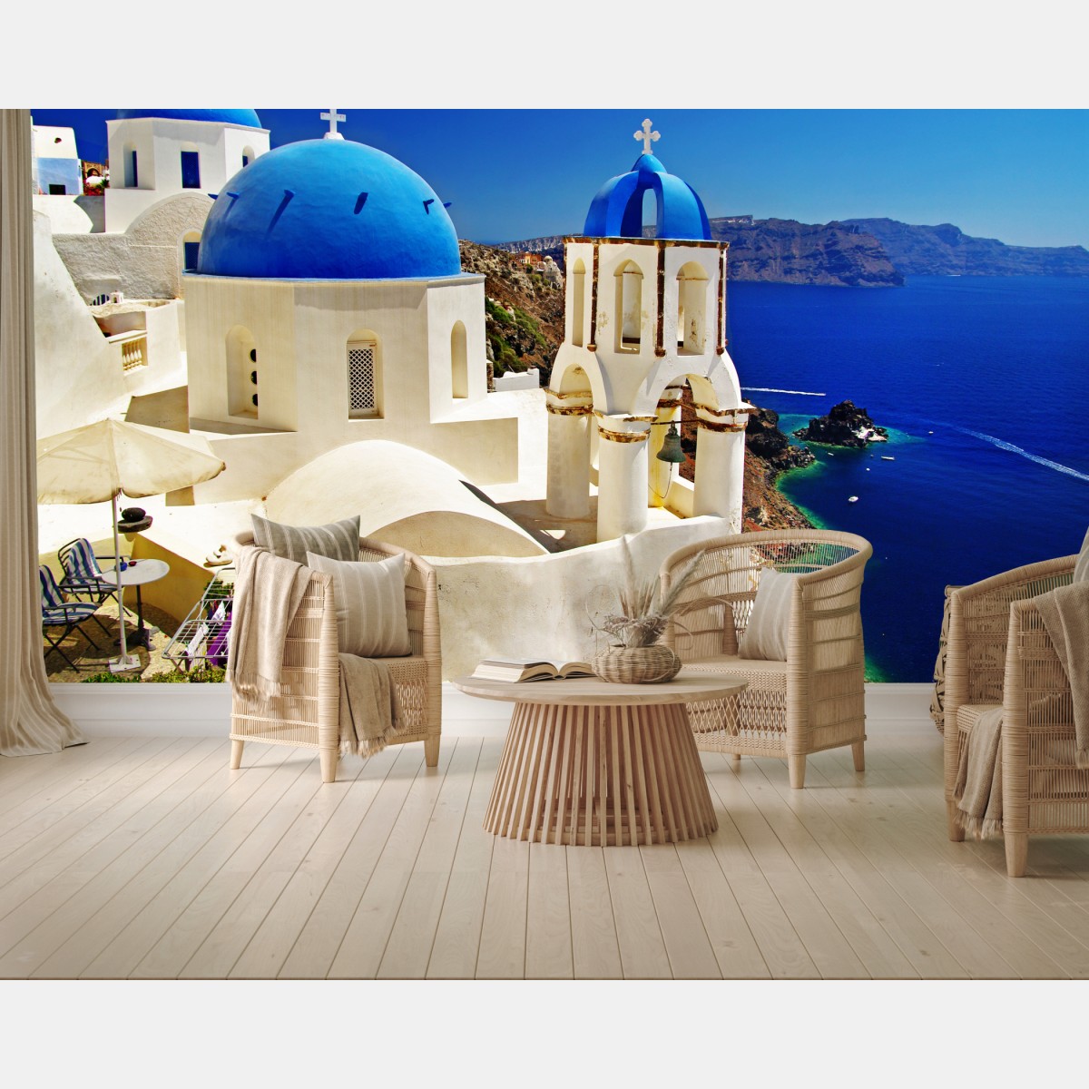 Wall mural Santorini blue domes seaside view