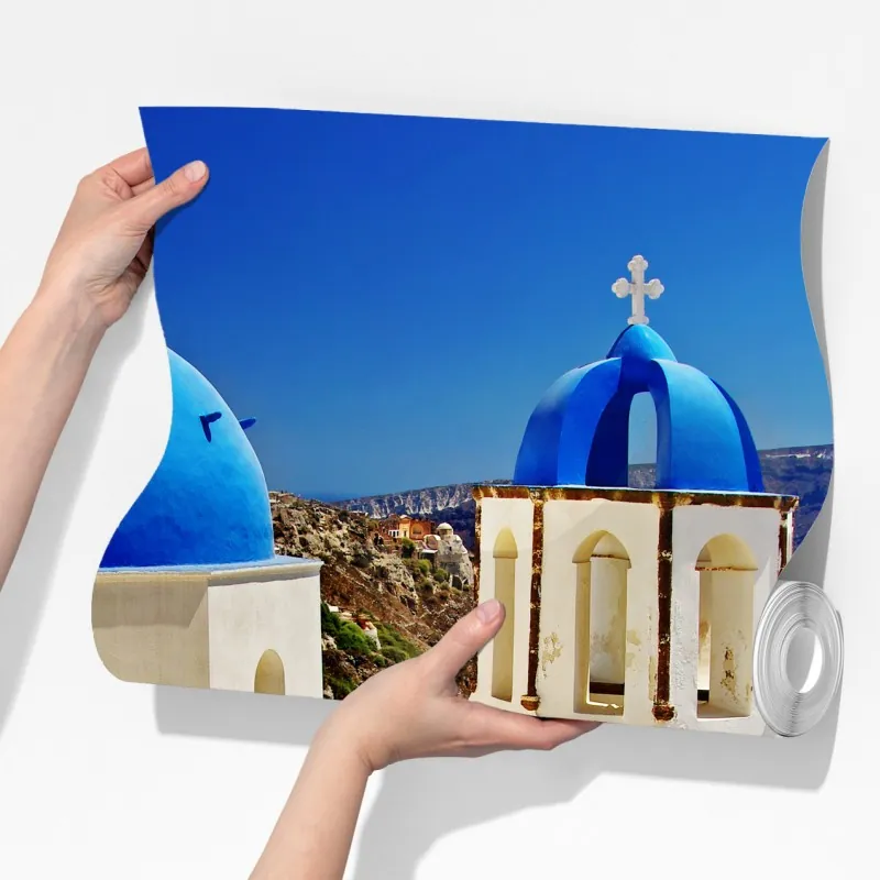 Fototapeta Santorini błękitne kopuły nad morzem – Wallissimo® Fototapeta Santorini błękitne kopuły nad morzem – Wallissimo®